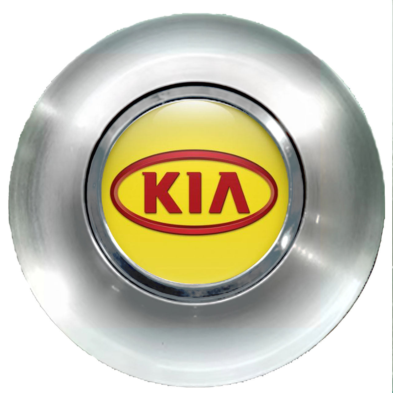 KIA Yellow Fill Red Oval Floating Center Caps Brushed