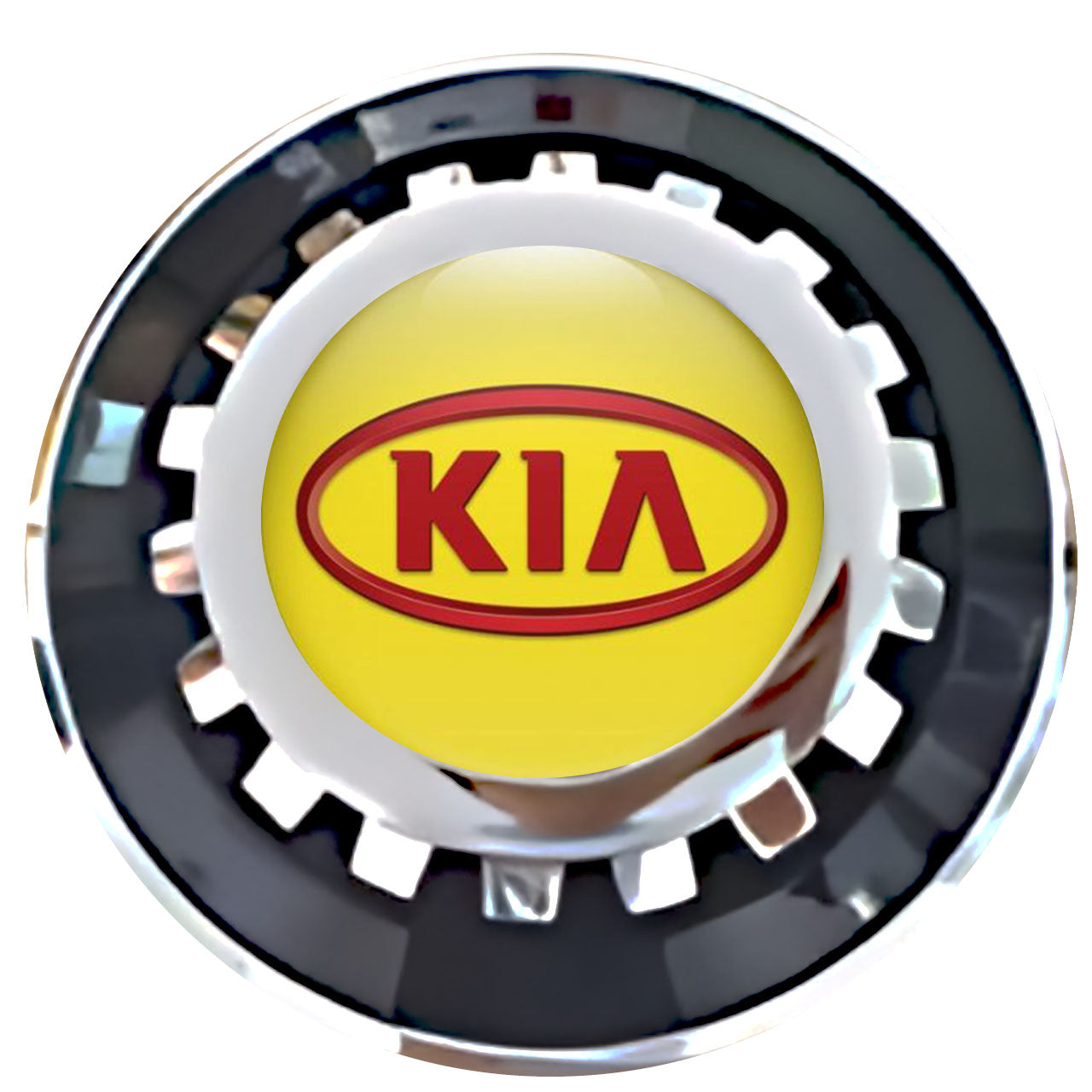 KIA Yellow Fill Red Oval Floating Center Caps Black With Gear Shape Center