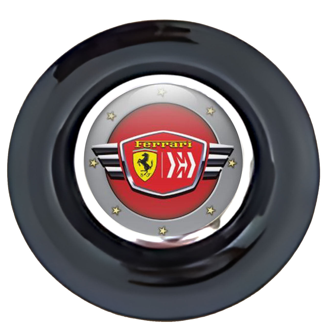 Ferrari Red & Yellow Floating Center Caps Black Cap Chrome Ring