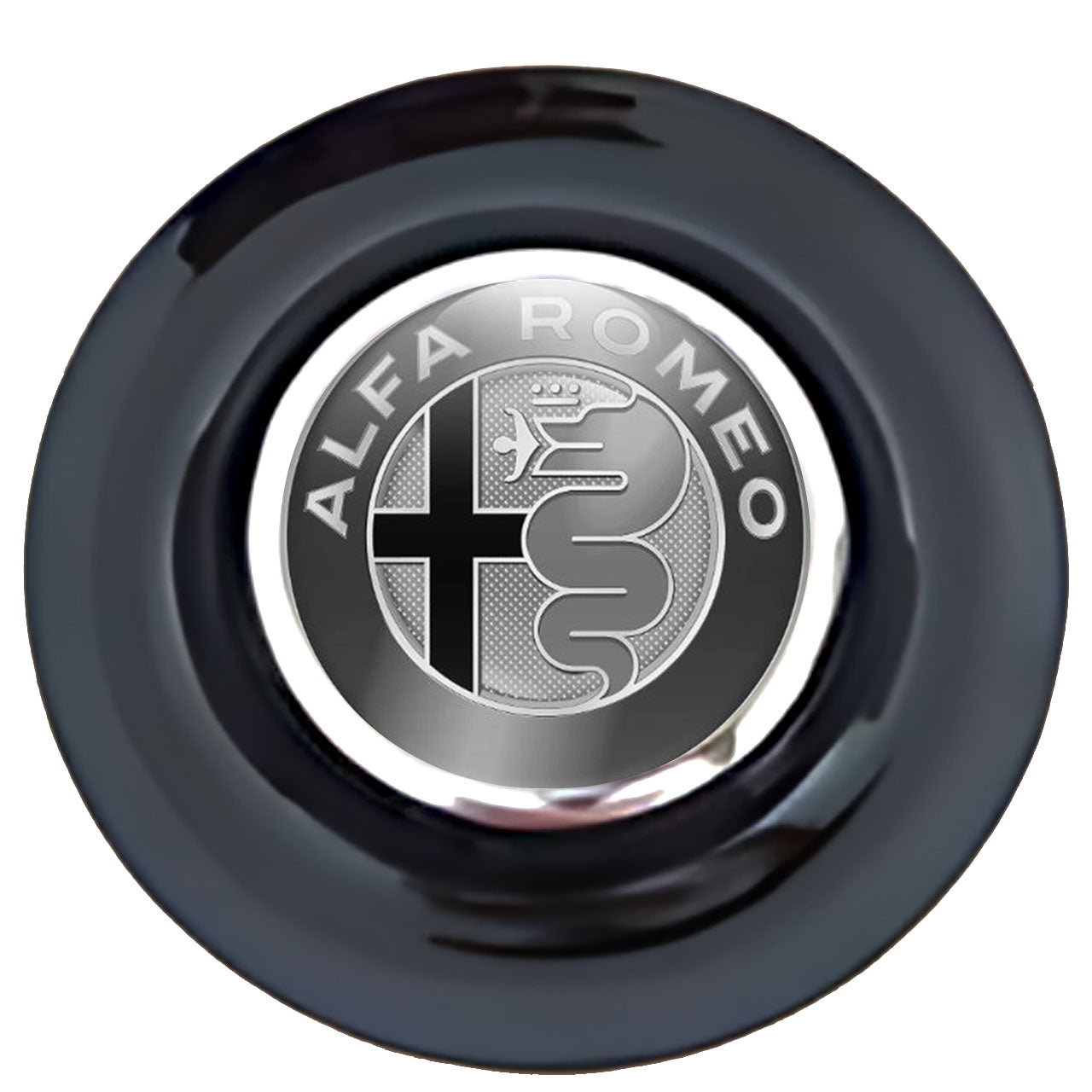 Alfa Romeo Black and White Floating Center Caps Black Cap Chrome Ring