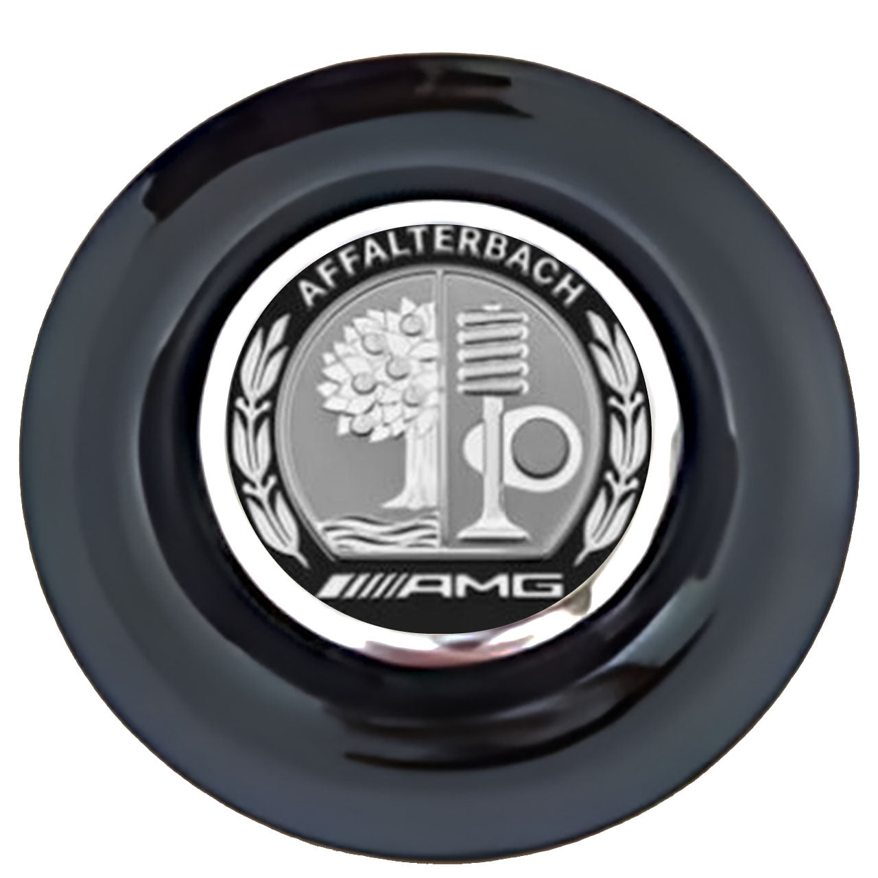Mercedes Benz AMG Silver and Black Floating Center Caps Black Cap Chrome Ring