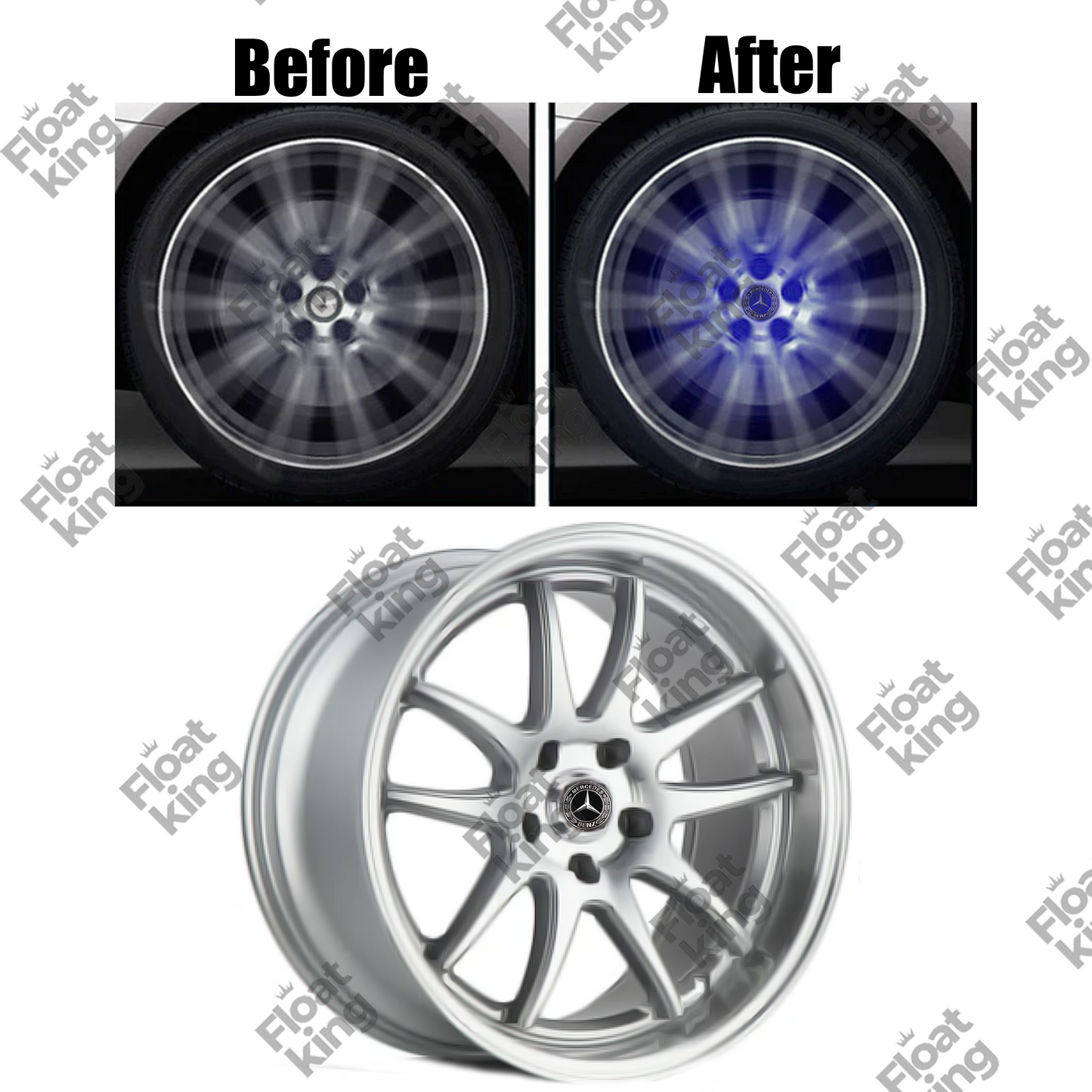 Mercedes Benz Floating Center Caps - 74.5mm - Cap on rims Before and After